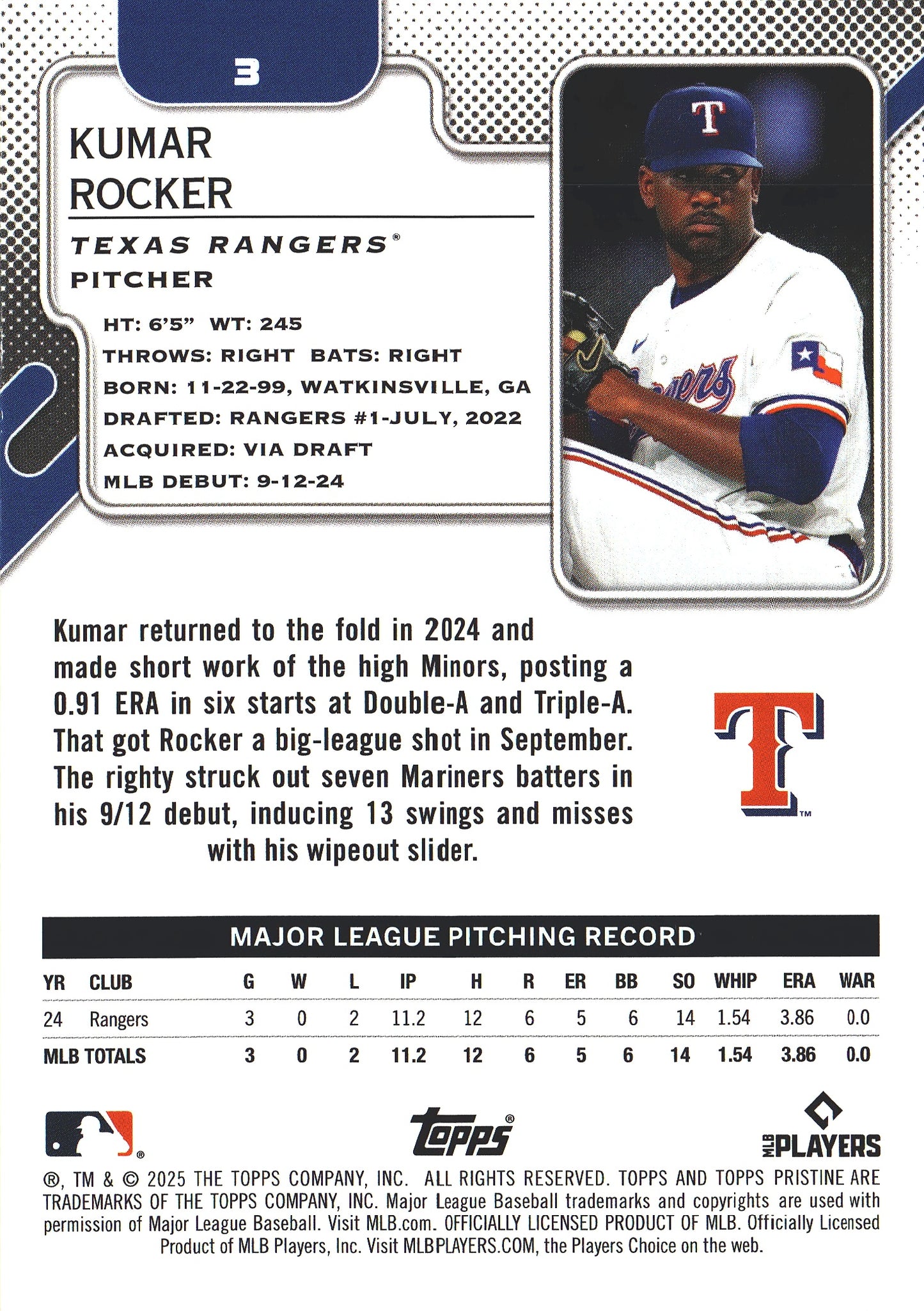 2025 Topps Pristine Kumar Rocker RC #3 Texas Rangers