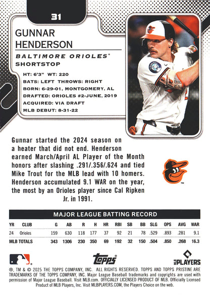 2025 Topps Pristine Gunnar Henderson #31 Baltimore Orioles