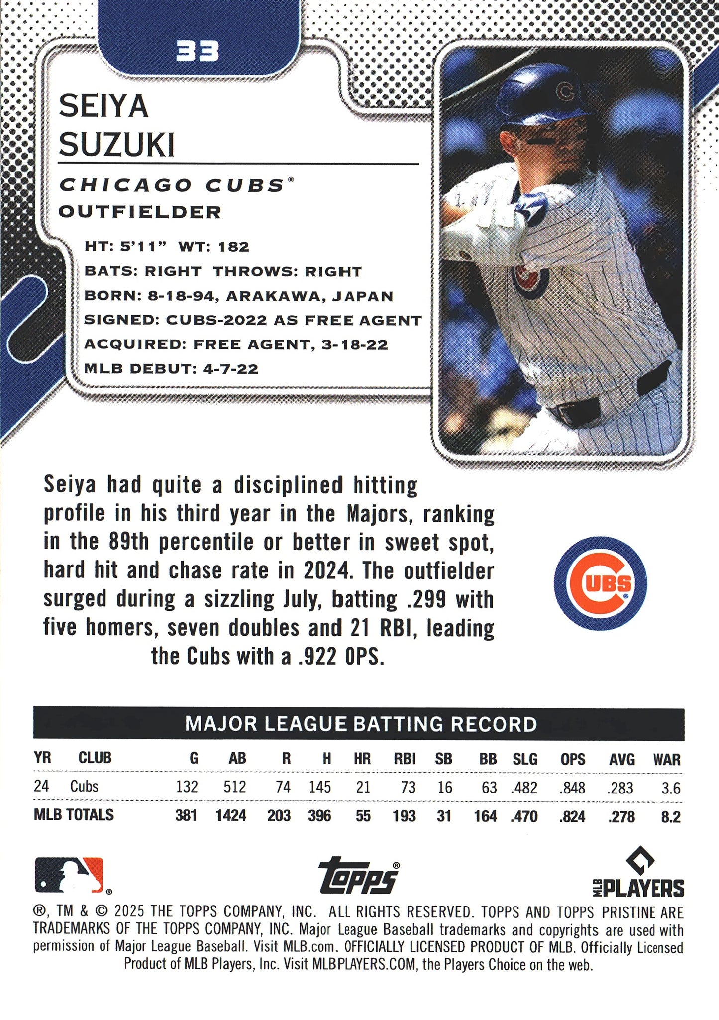 2025 Topps Pristine Seiya Suzuki #33 Chicago Cubs