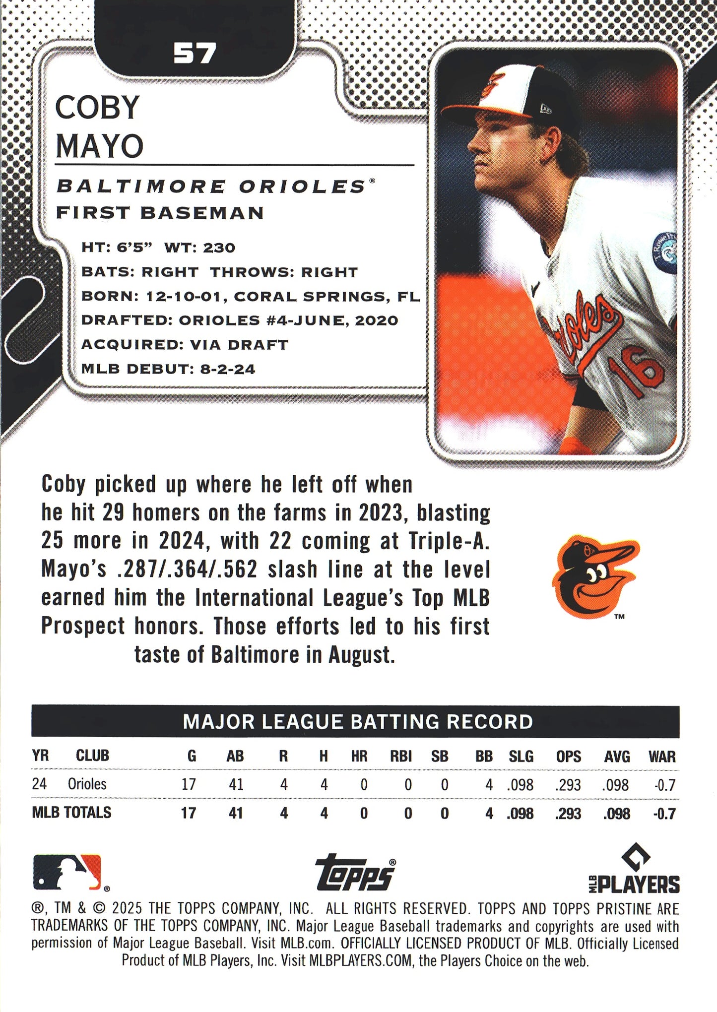 2025 Topps Pristine Coby Mayo RC #57 Baltimore Orioles