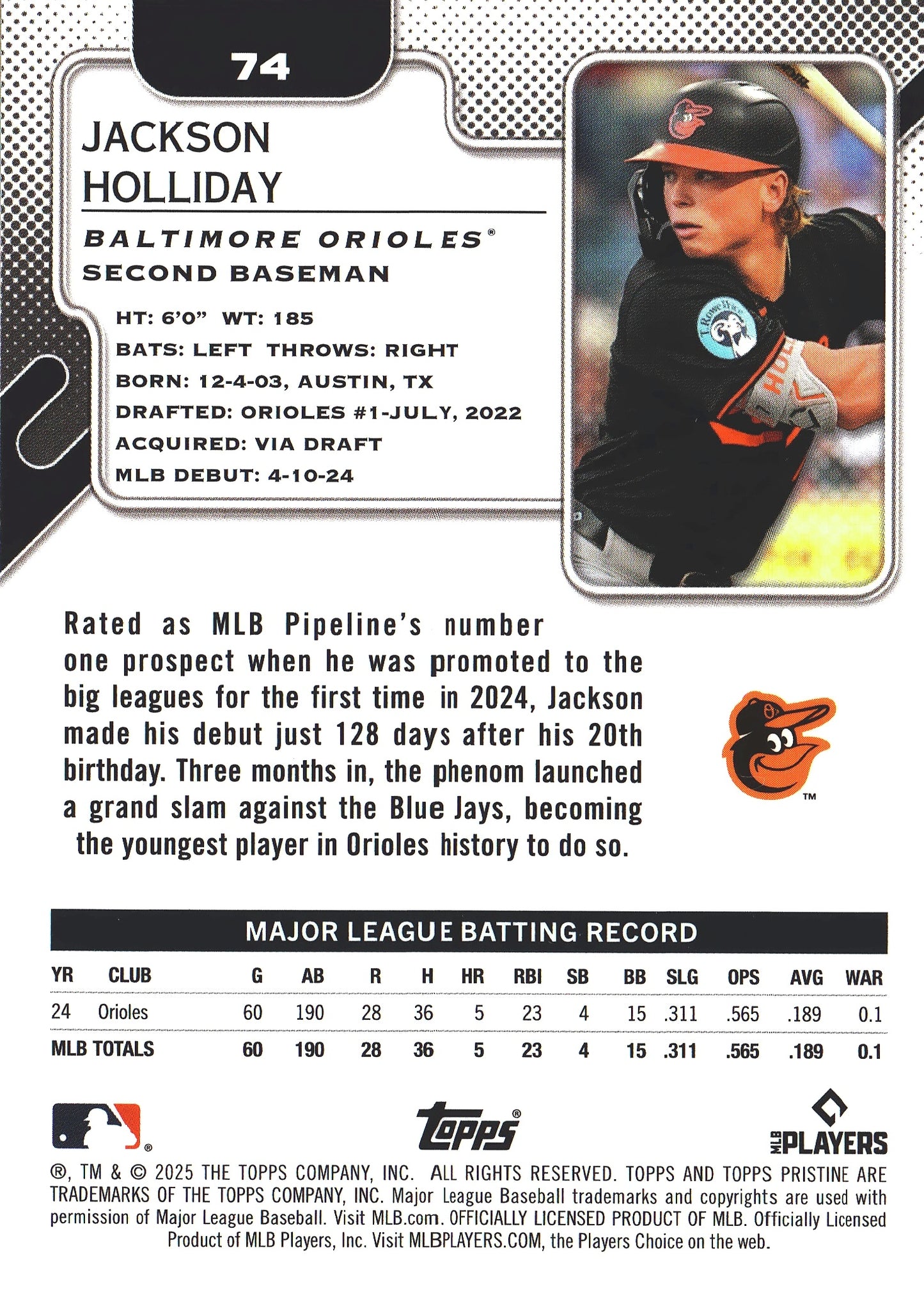 2025 Topps Pristine Jackson Holliday #74 Baltimore Orioles