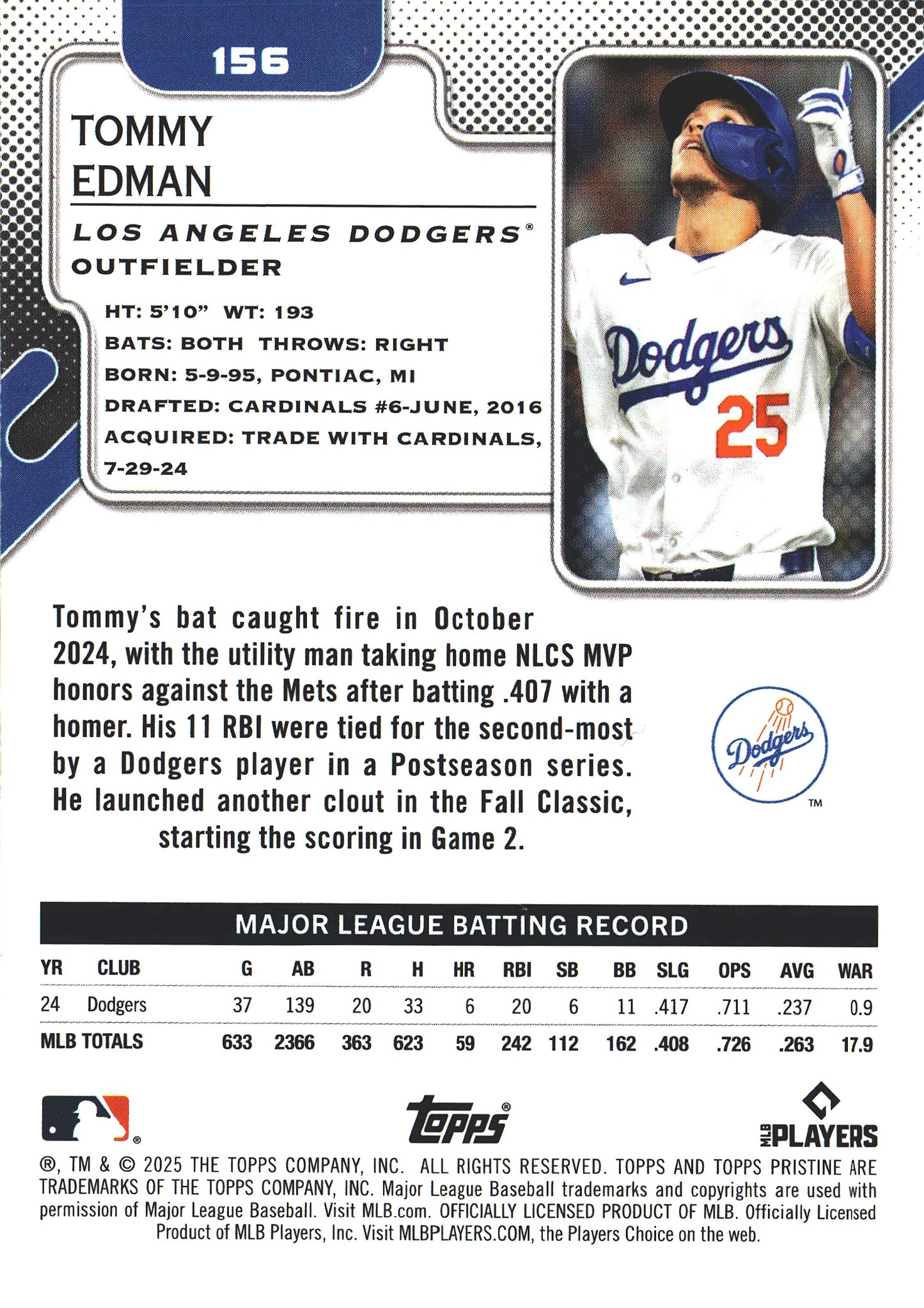 2025 Topps Pristine Tommy Edman #156 Los Angeles Dodgers