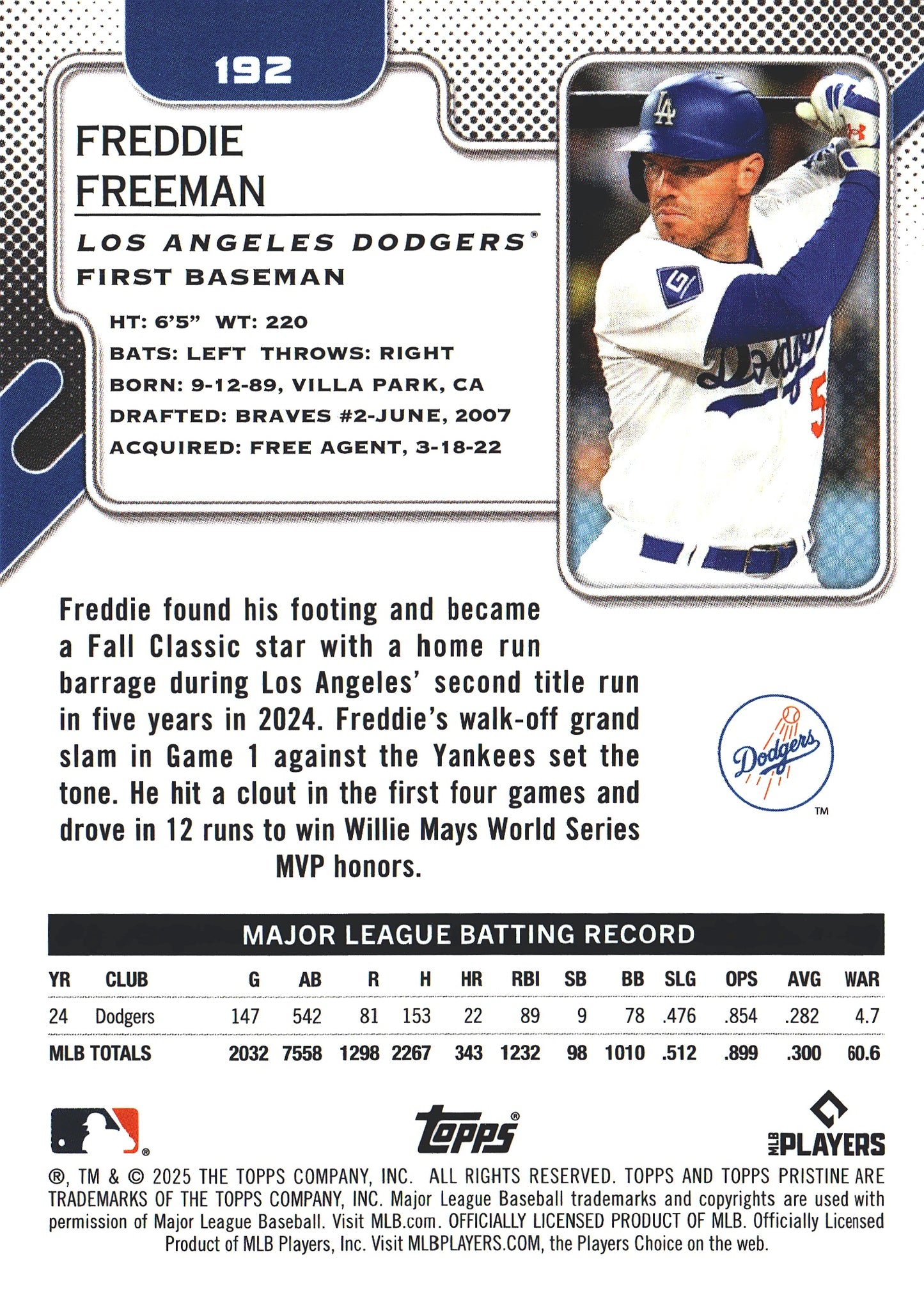 2025 Topps Pristine Freddie Freeman #192 Los Angeles Dodgers