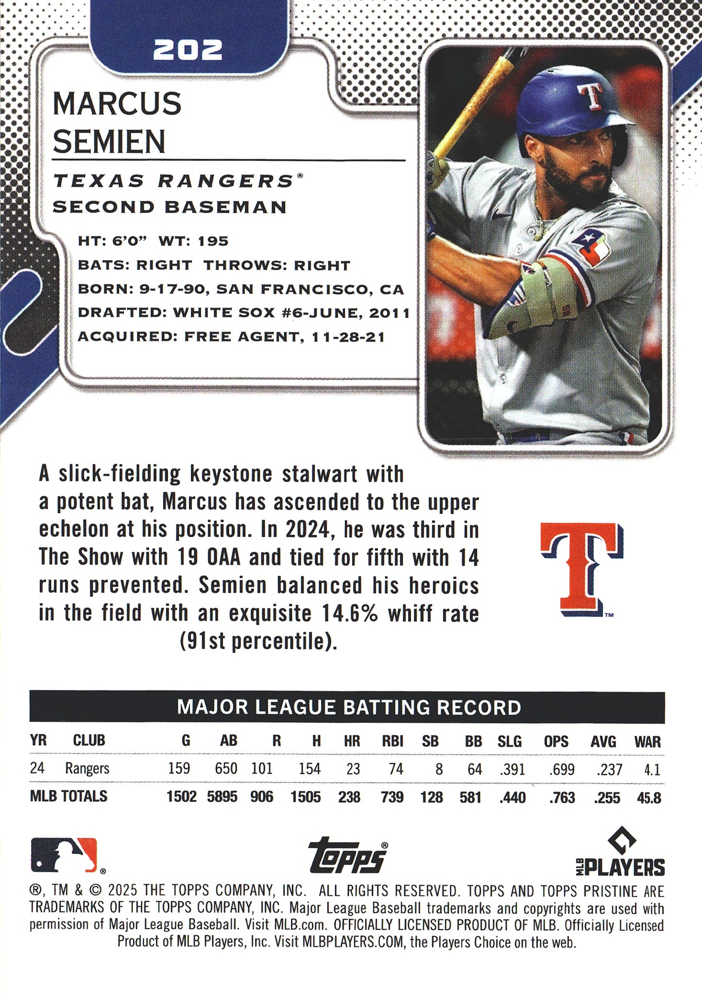 2025 Topps Pristine Marcus Semien #202 Texas Rangers
