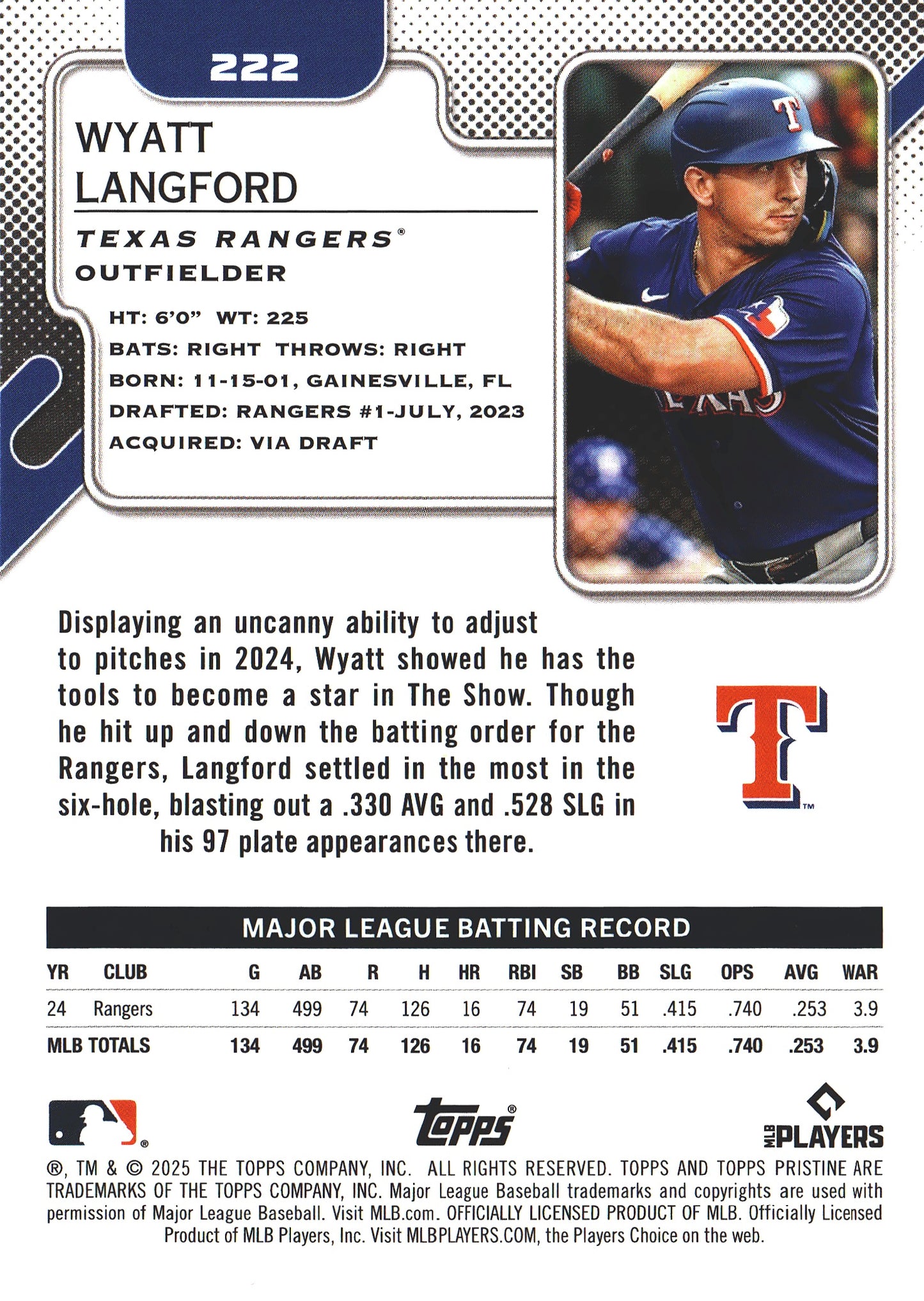 2025 Topps Pristine Wyatt Langford #222 Texas Rangers