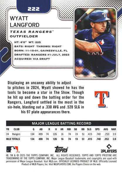 2025 Topps Pristine Wyatt Langford #222 Texas Rangers