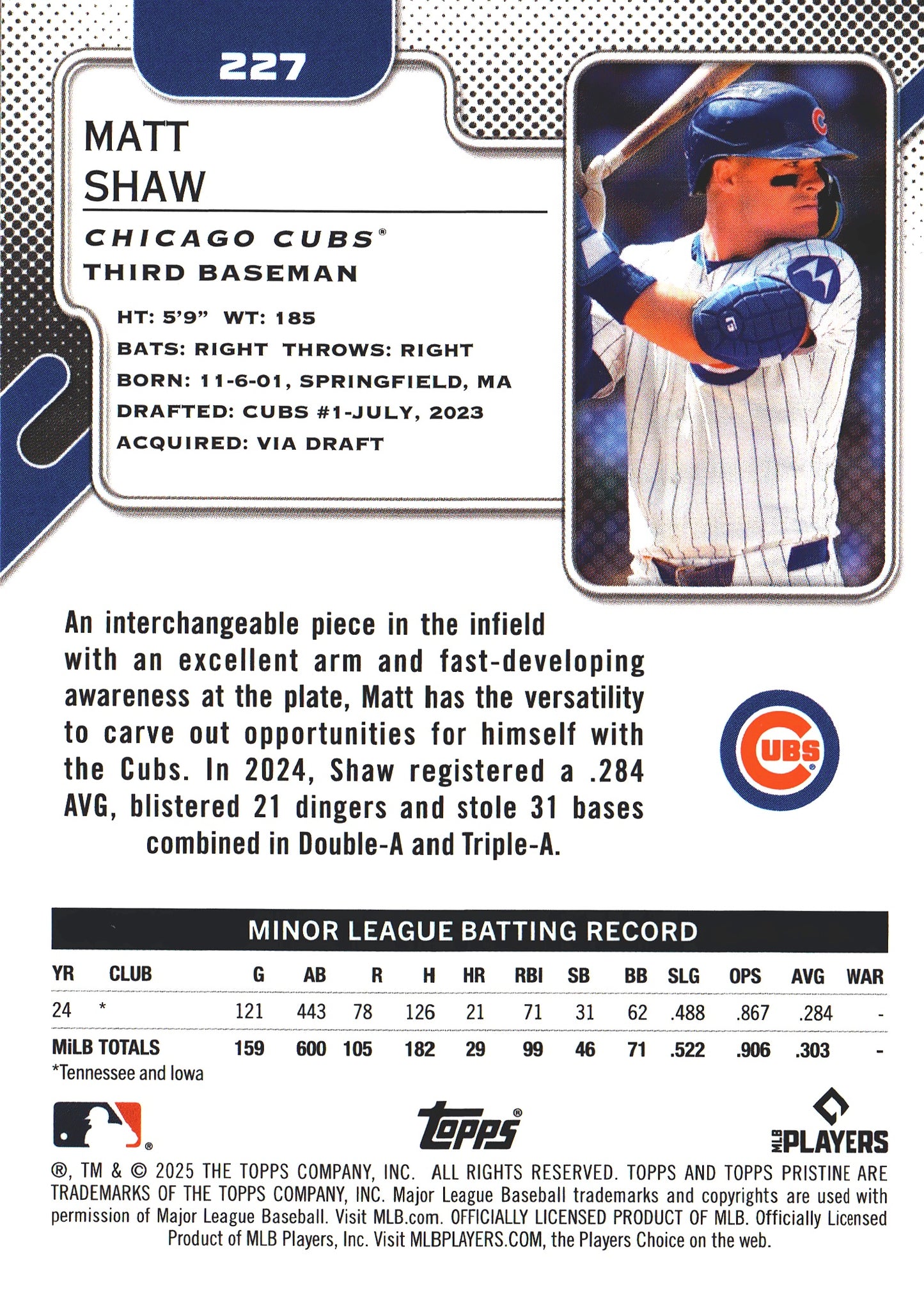 2025 Topps Pristine Matt Shaw RC #227 Chicago Cubs