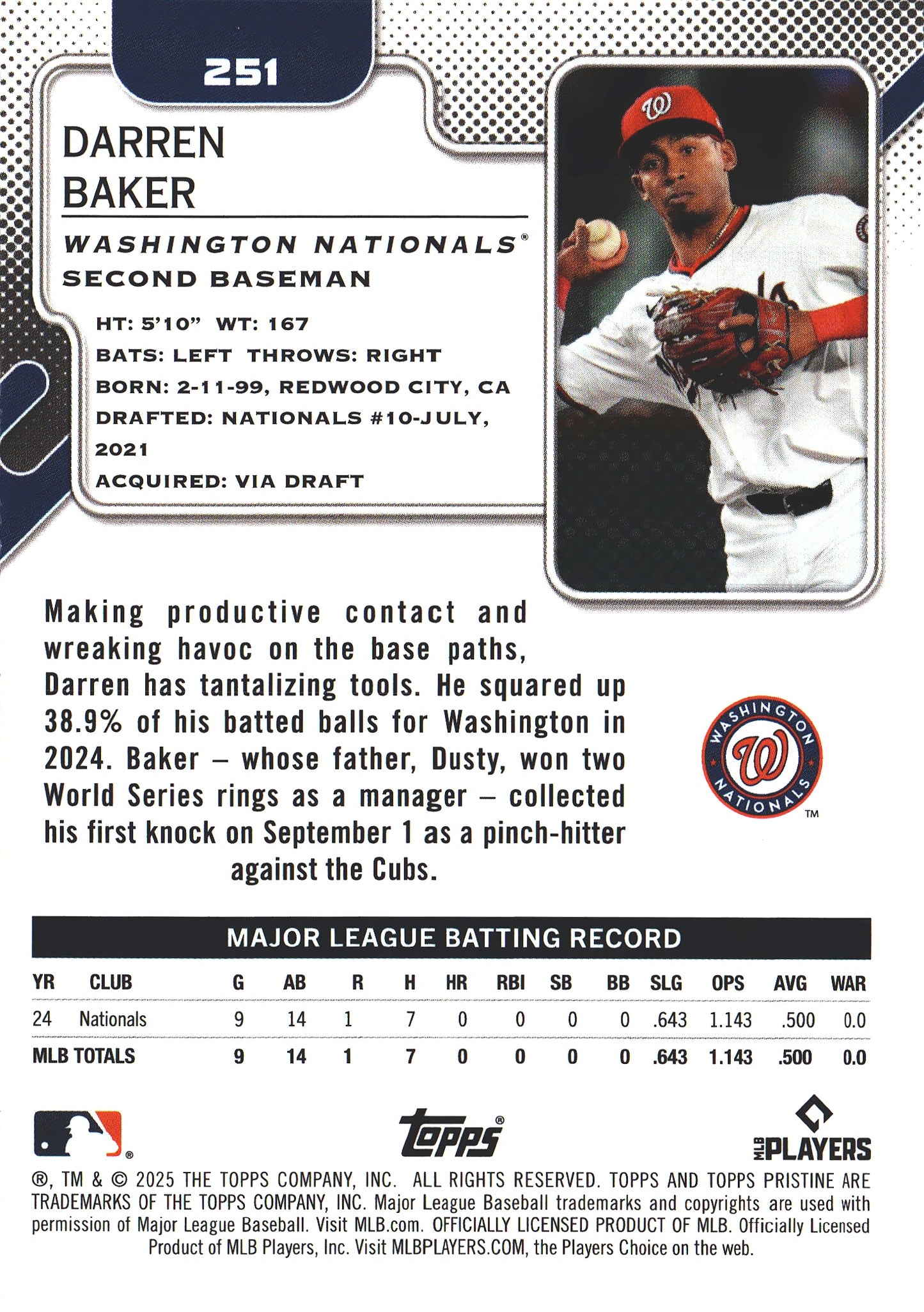 2025 Topps Pristine Darren Baker RC #251 Washington Nationals