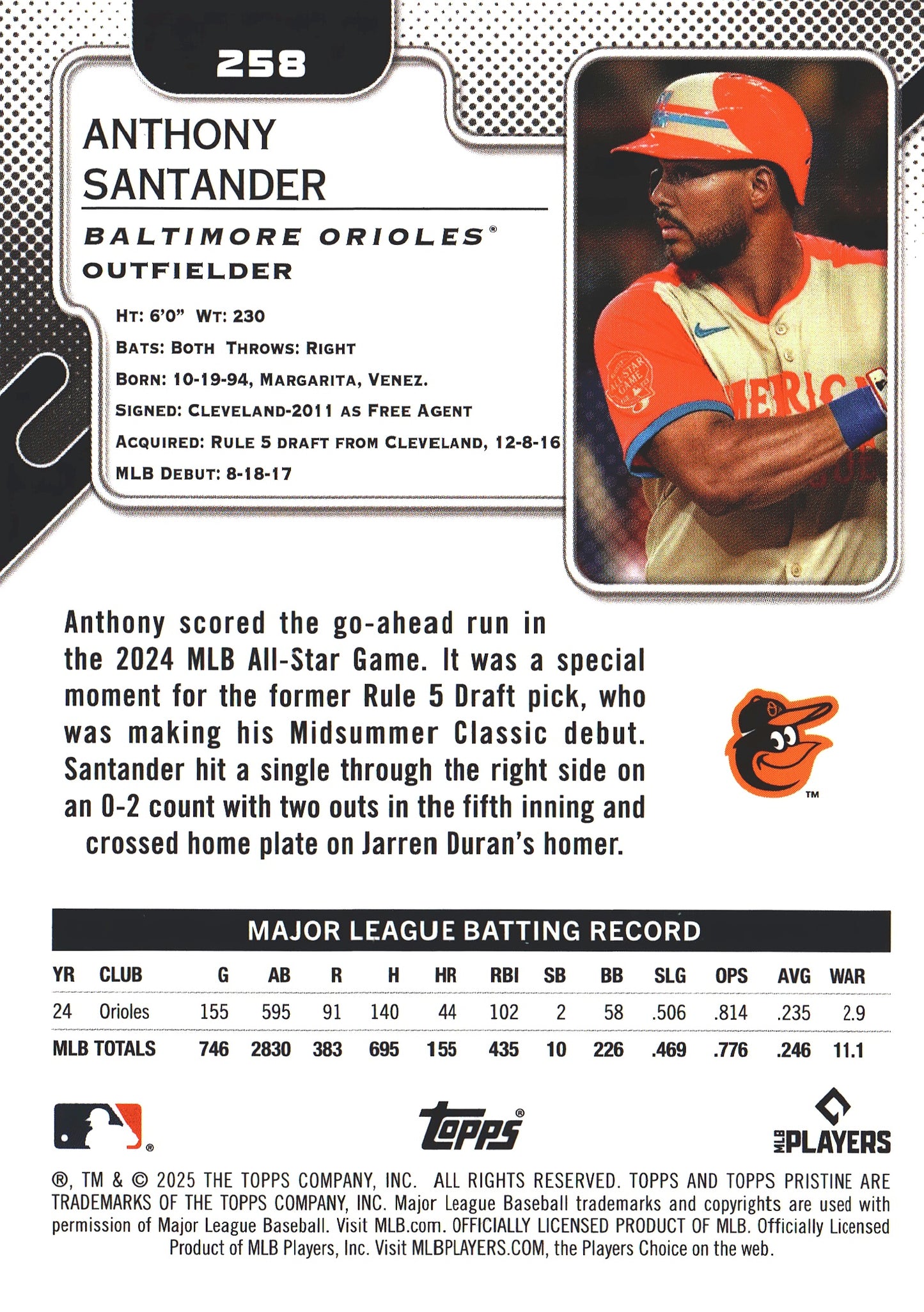 2025 Topps Pristine Anthony Santander #258 Baltimore Orioles