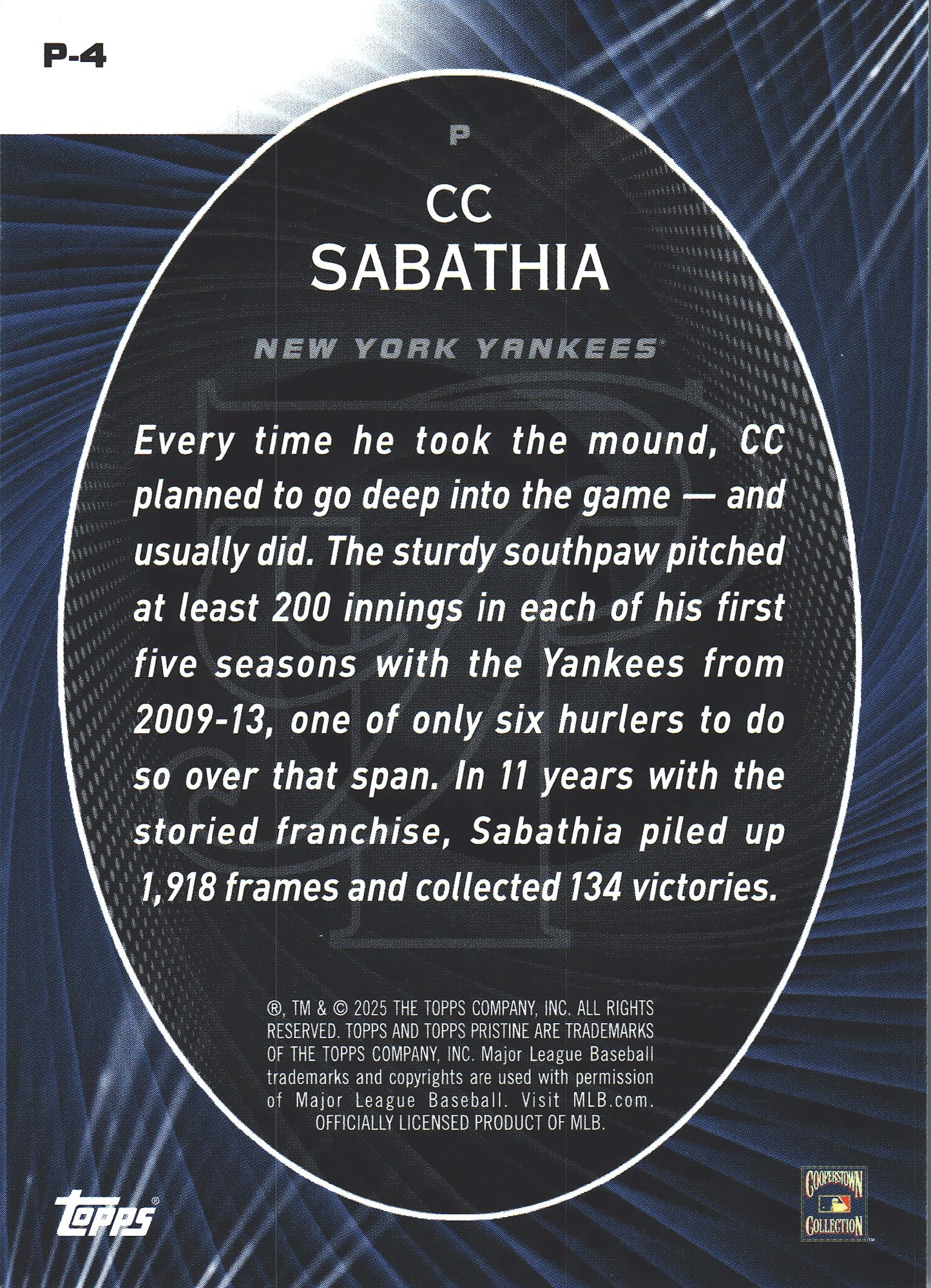 2025 Topps Pristine Perseverance CC Sabathia #P-4 New York Yankees