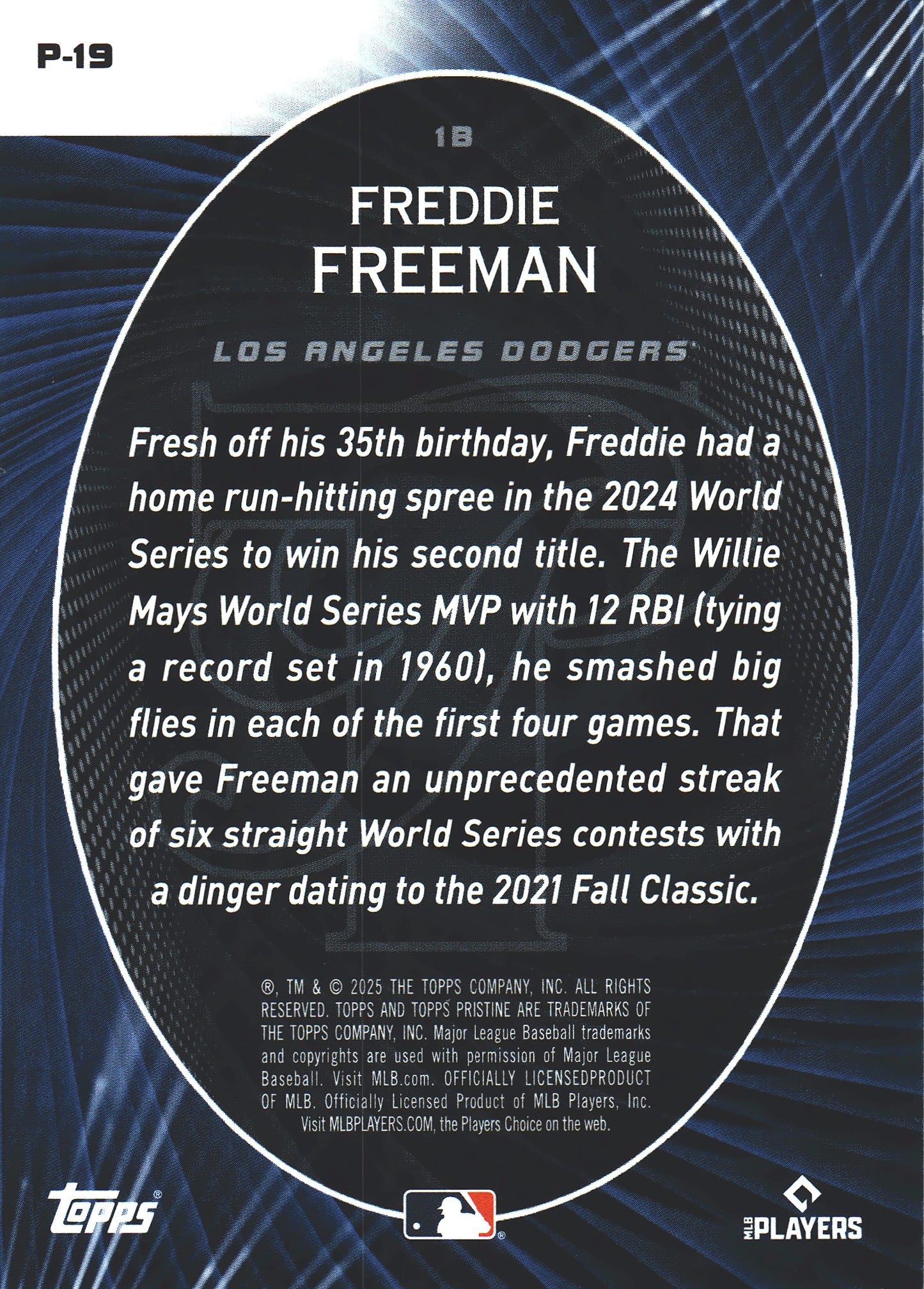 2025 Topps Pristine Perseverance Freddie Freeman #P-19 Los Angeles Dodgers