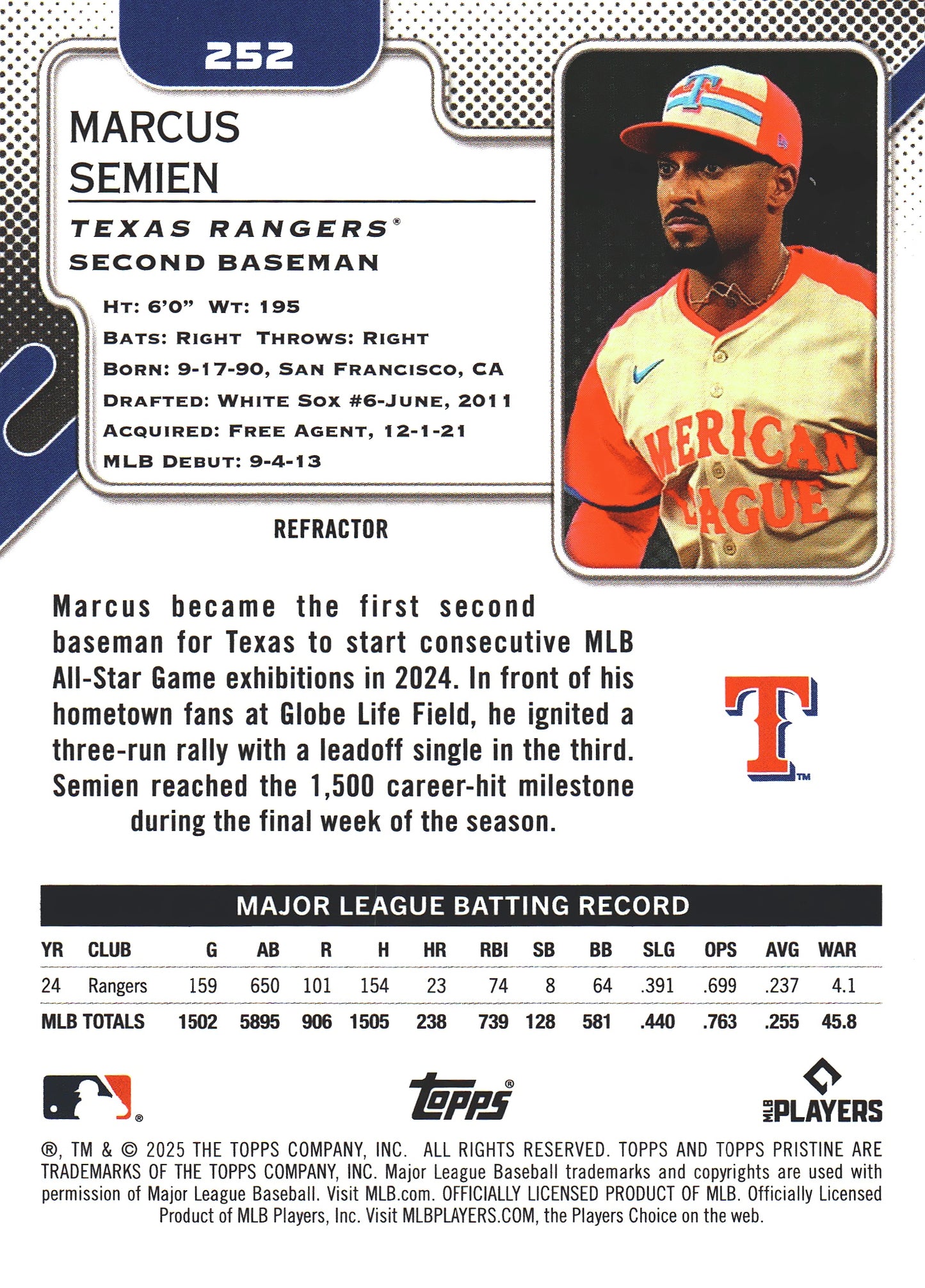 2025 Topps Pristine Refractor Marcus Semien #252 Texas Rangers
