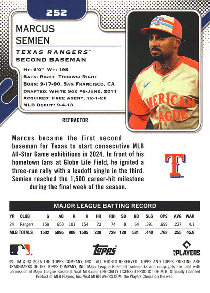 2025 Topps Pristine Refractor Marcus Semien #252 Texas Rangers