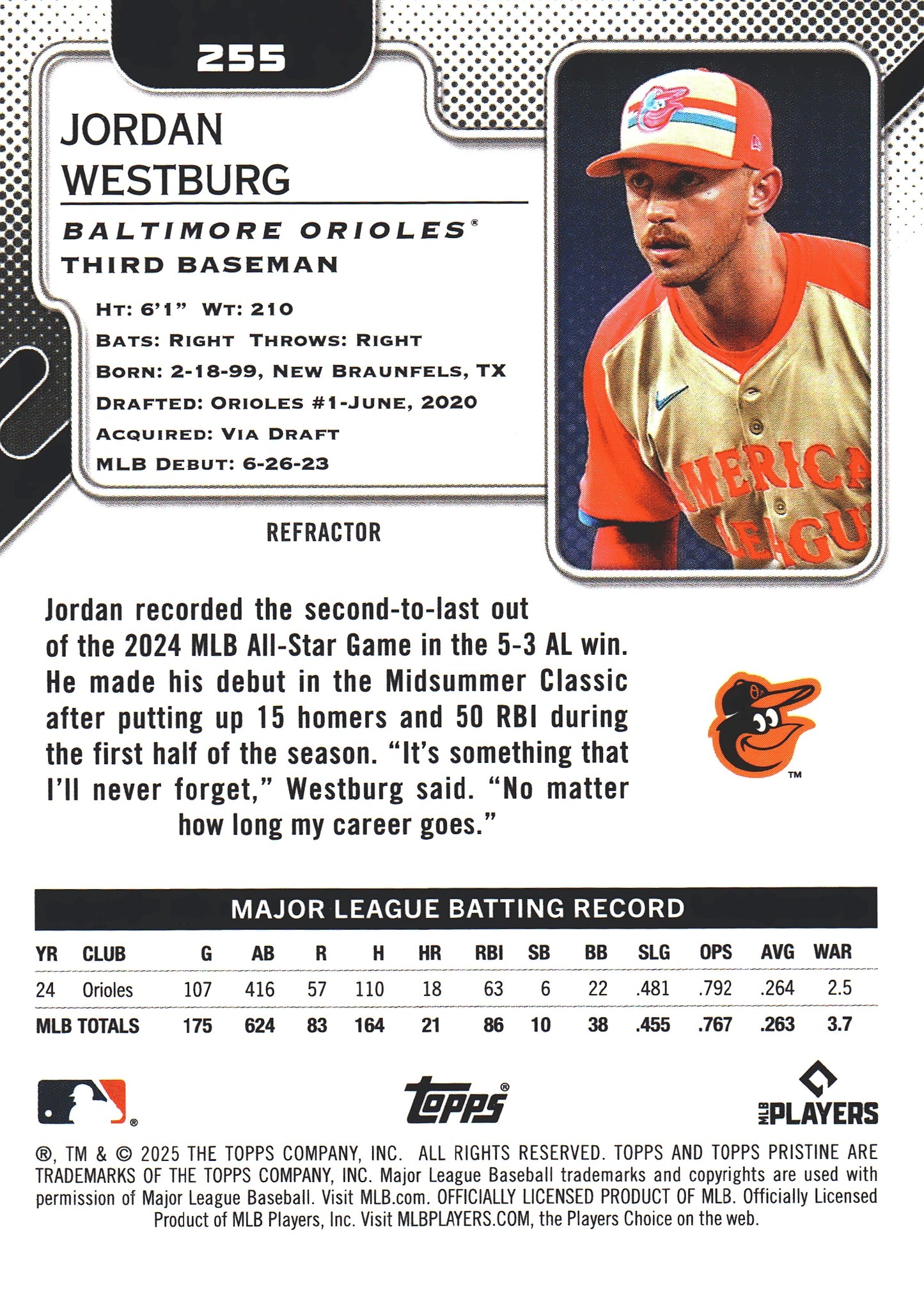 2025 Topps Pristine Refractor Jordan Westburg #255 Baltimore Orioles