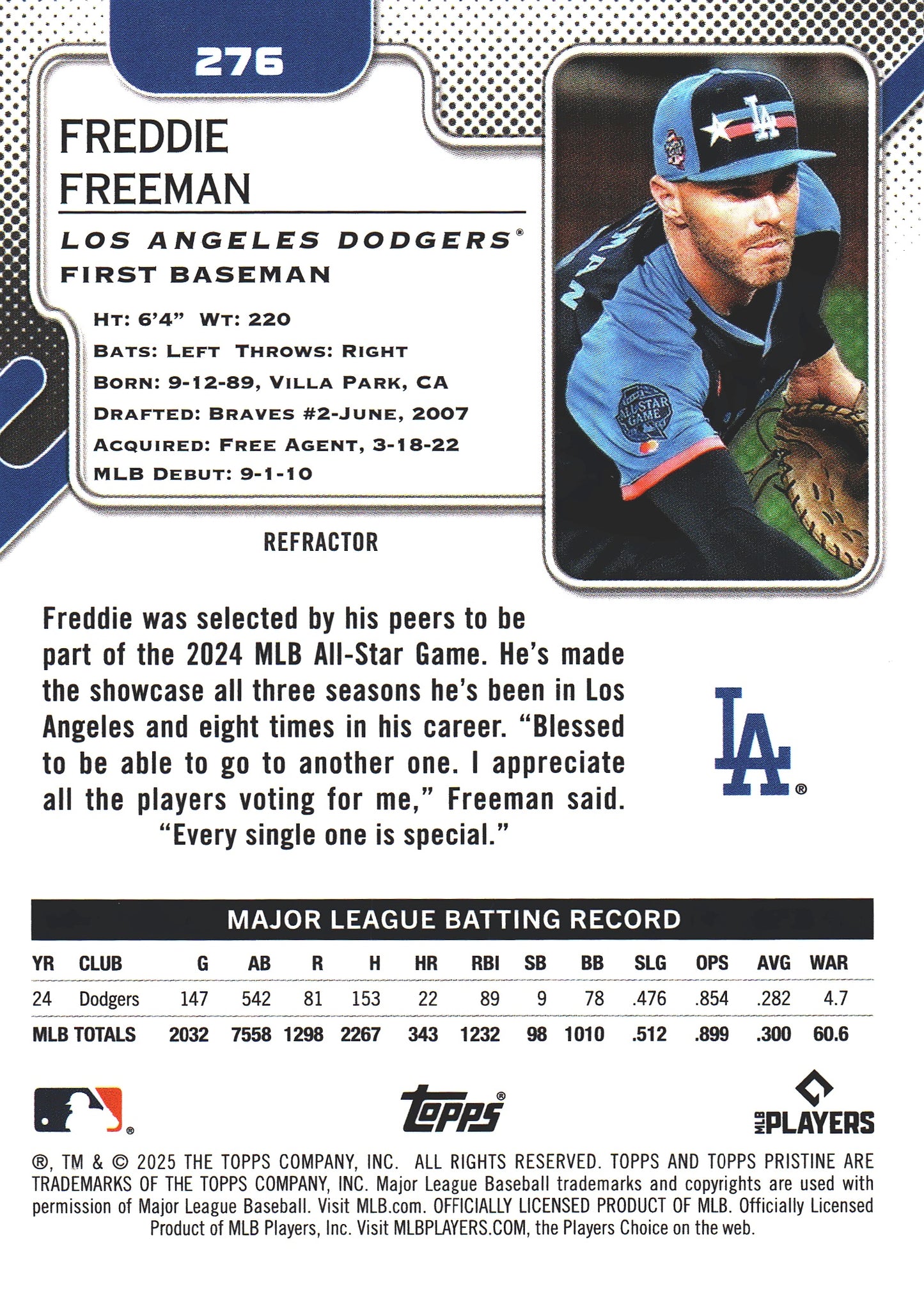 2025 Topps Pristine Refractor Freddie Freeman #276 Los Angeles Dodgers