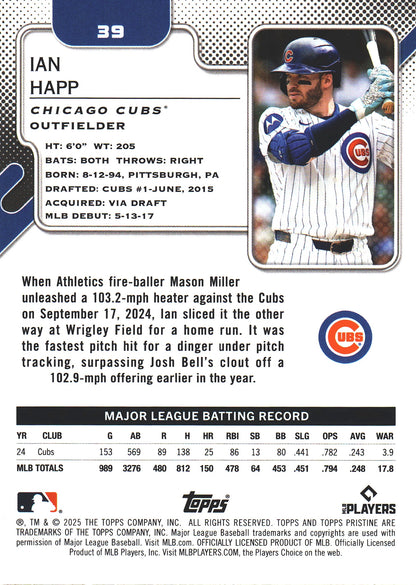 2025 Topps Pristine Aqua Refractor /199 Ian Happ #39 Chicago Cubs