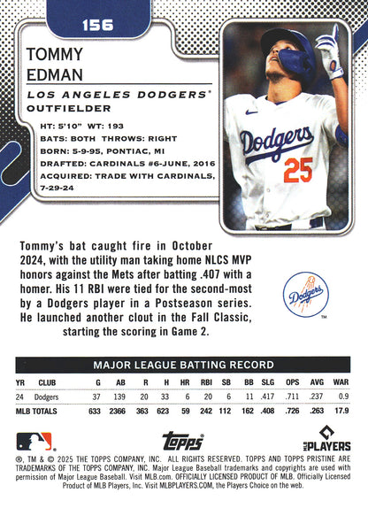 2025 Topps Pristine Aqua Refractor /199 Tommy Edman #156 Los Angeles Dodgers
