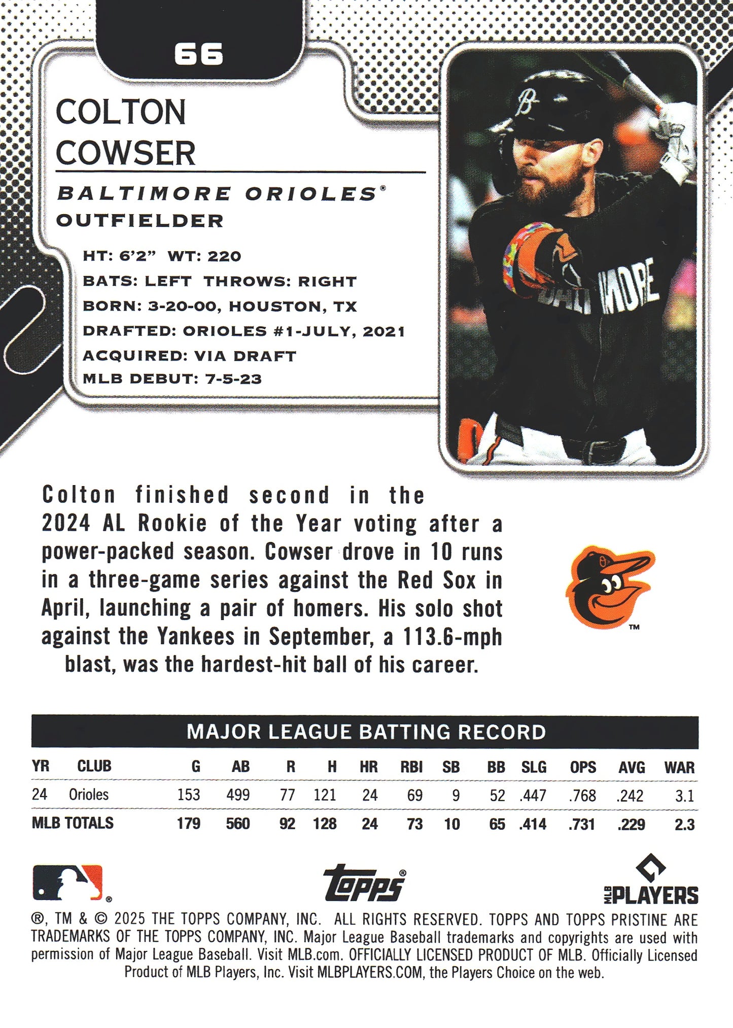2025 Topps Pristine Blue Refractor Colton Cowser #66 Baltimore Orioles