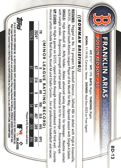 2025 Topps Bowman Draft Sky Blue /499 Franklin Arias #BD-13 Boston Red Sox