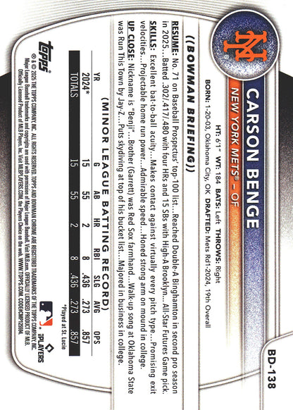 2025 Topps Bowman Draft Sky Blue /499 Carson Benge #BD-138 New York Mets