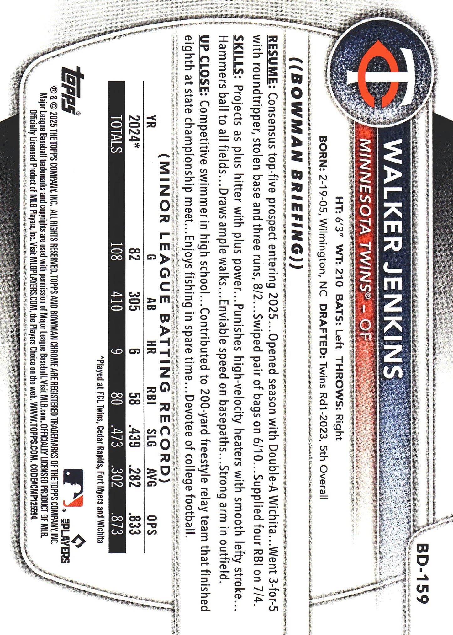 2025 Topps Bowman Draft Sky Blue /499 Walker Jenkins #BD-159 Minnesota Twins