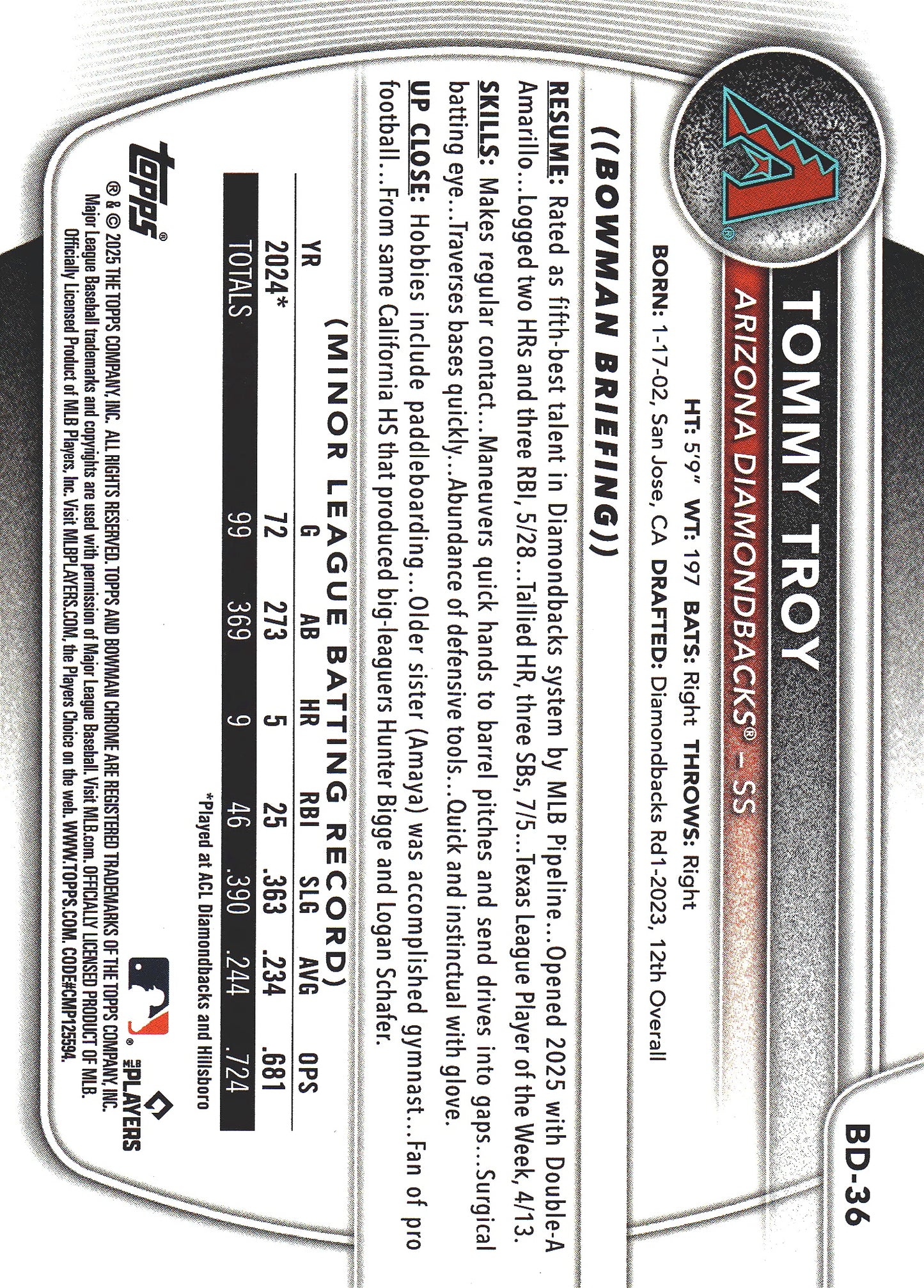 2025 Topps Bowman Draft Blue /150 Tommy Troy #BD-36 Arizona Diamondbacks