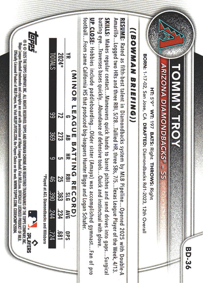 2025 Topps Bowman Draft Blue /150 Tommy Troy #BD-36 Arizona Diamondbacks