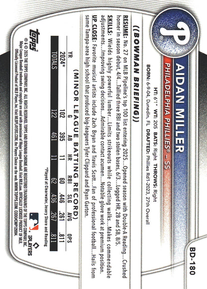 2025 Topps Bowman Draft Blue /150 Aidan Miller #BD-180 Philadelphia Phillies