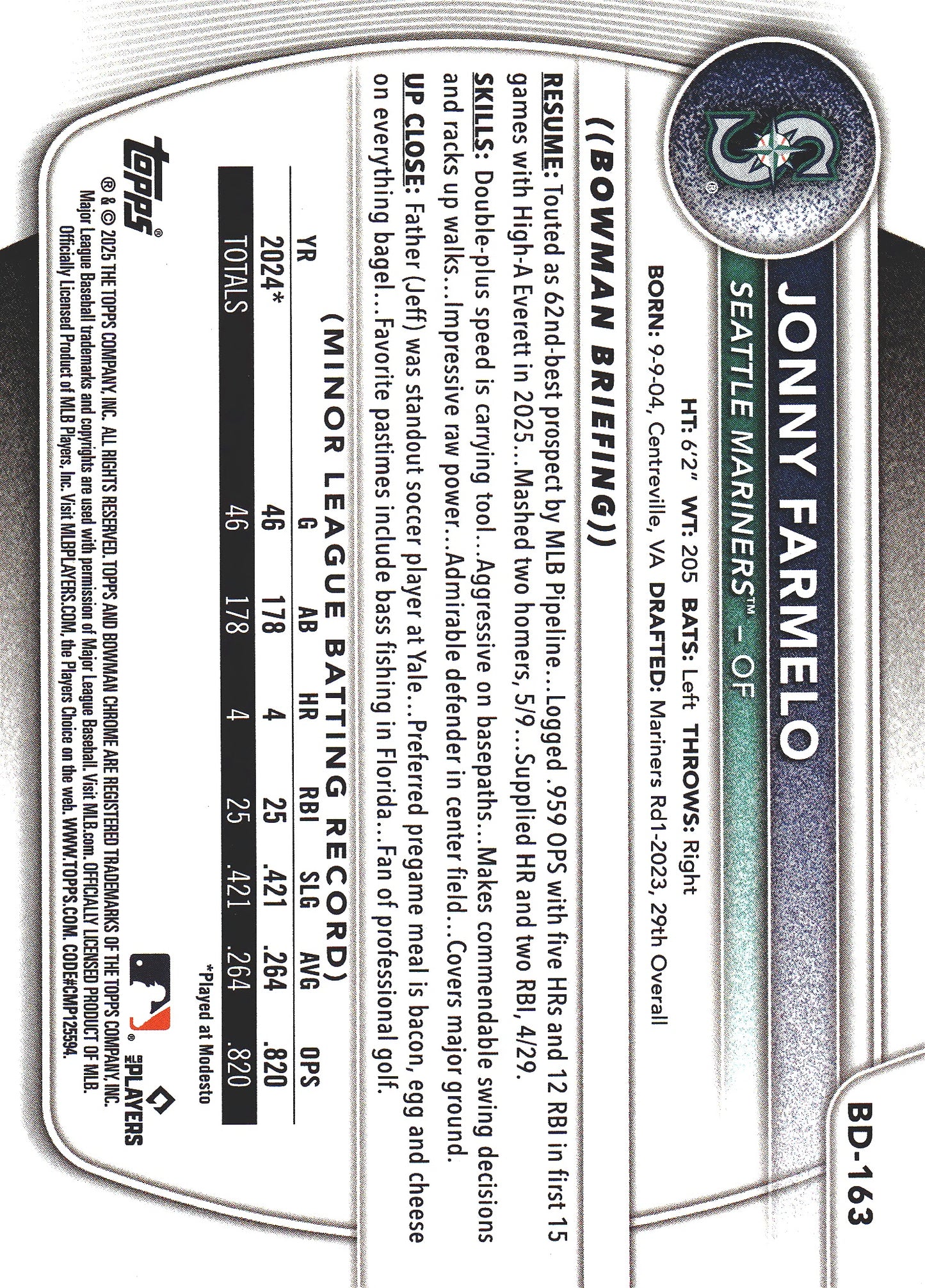 2025 Topps Bowman Draft Green /99 Jonny Farmelo #BD-163 Seattle Mariners