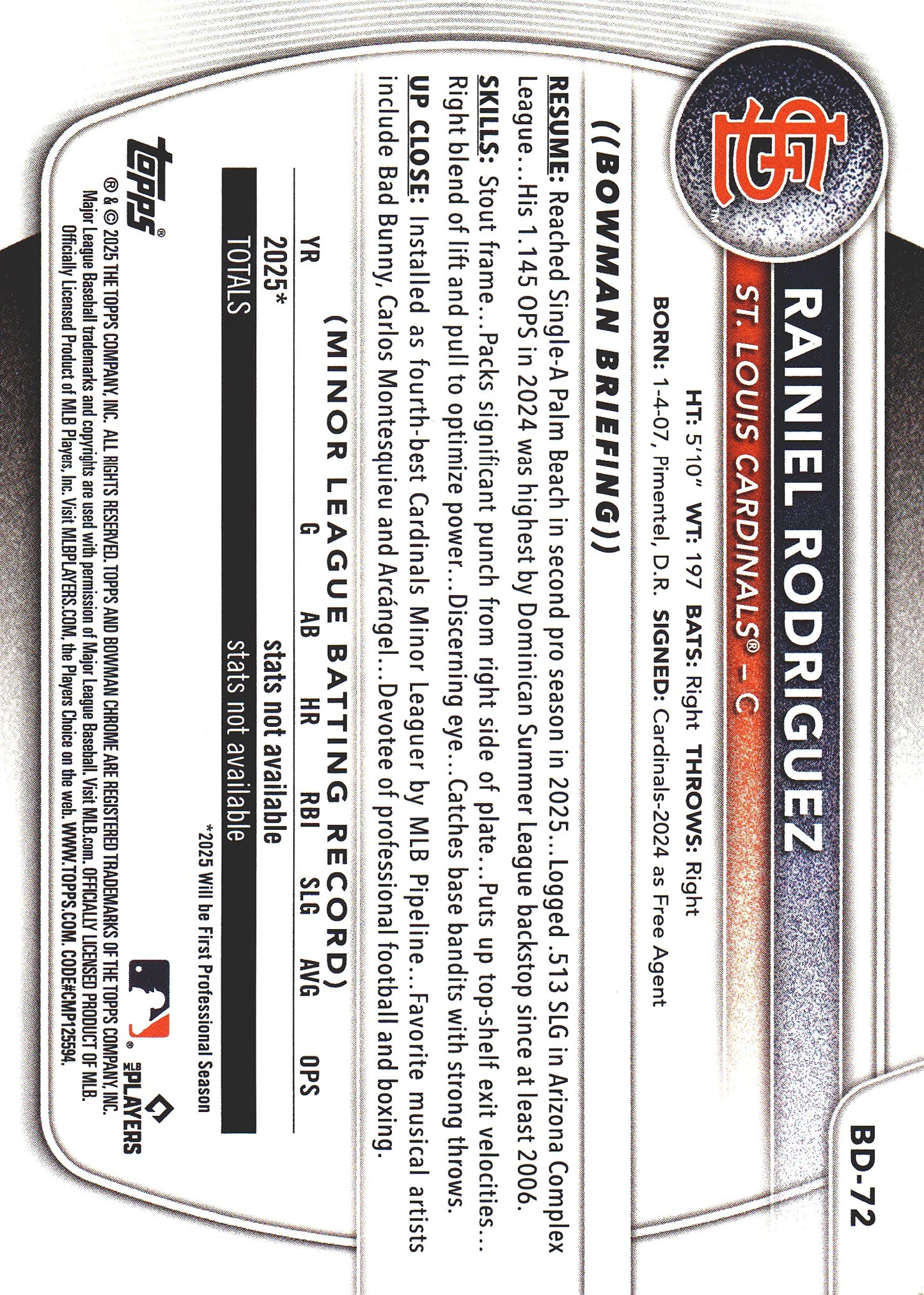 2025 Topps Bowman Draft Orange /25 Rainiel Rodriguez #BD-72 St. Louis Cardinals