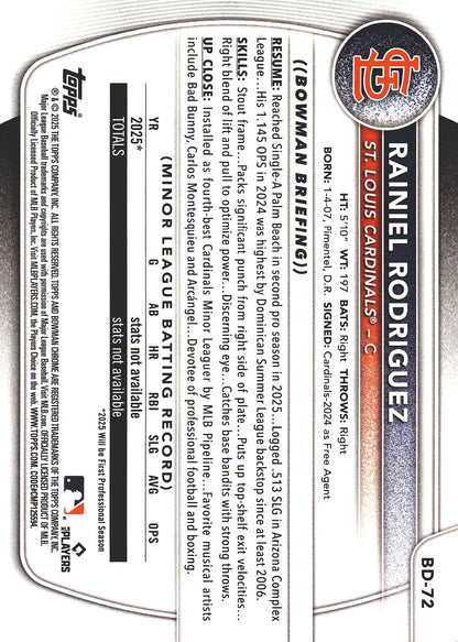 2025 Topps Bowman Draft Orange /25 Rainiel Rodriguez #BD-72 St. Louis Cardinals