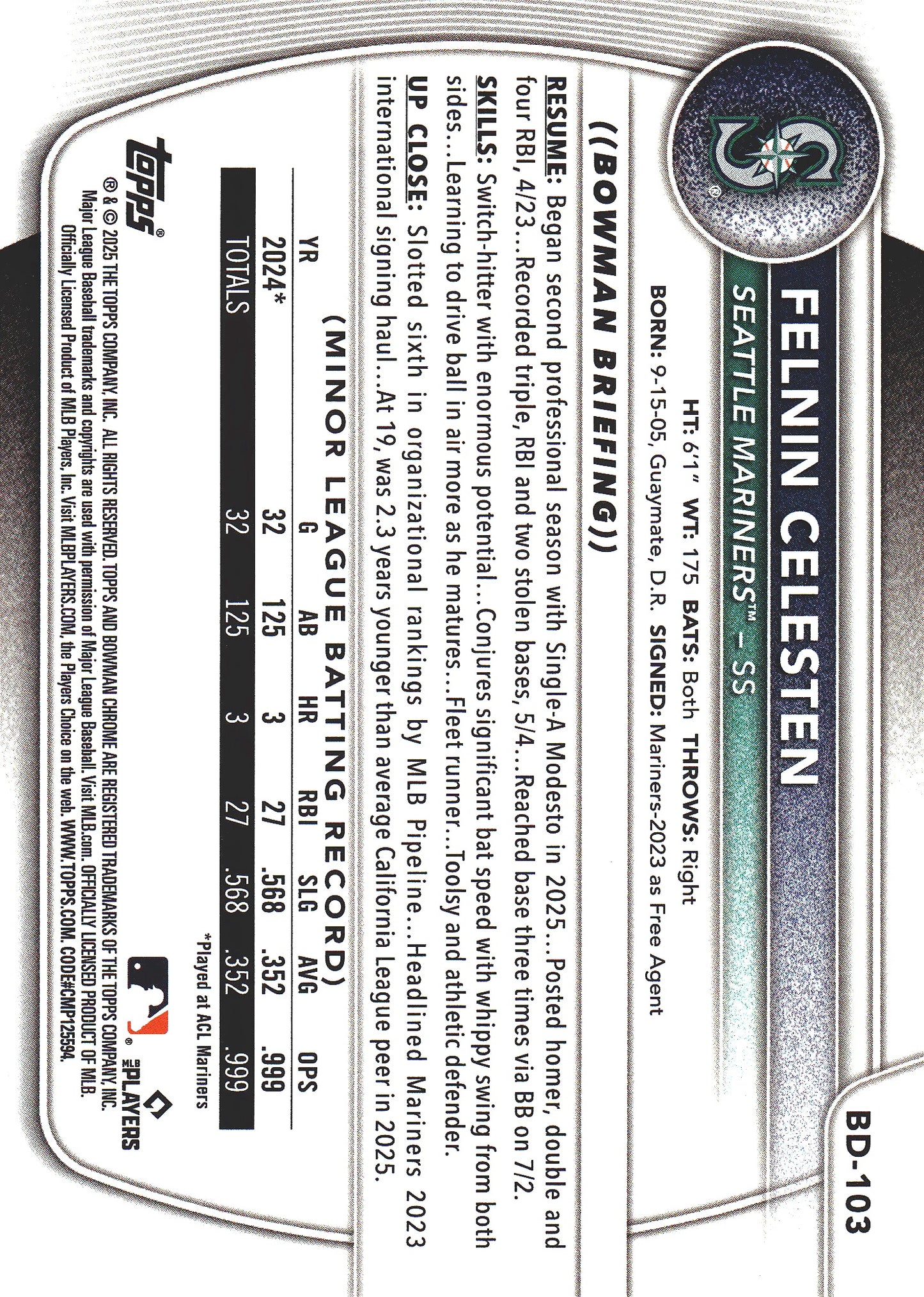 2025 Topps Bowman Draft Orange /25 Felnin Celesten #BD-103 Seattle Mariners