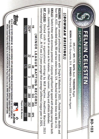 2025 Topps Bowman Draft Orange /25 Felnin Celesten #BD-103 Seattle Mariners