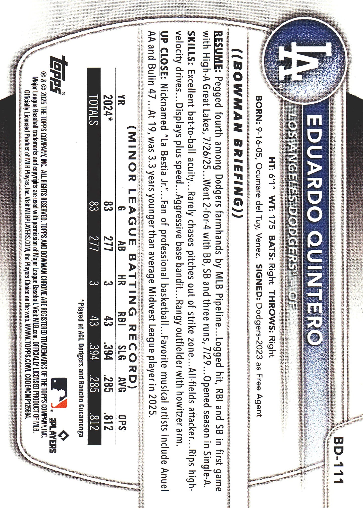 2025 Topps Bowman Draft Orange /25 Eduardo Quintero #BD-111 Los Angeles Dodgers