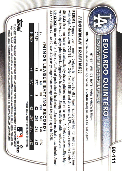 2025 Topps Bowman Draft Orange /25 Eduardo Quintero #BD-111 Los Angeles Dodgers