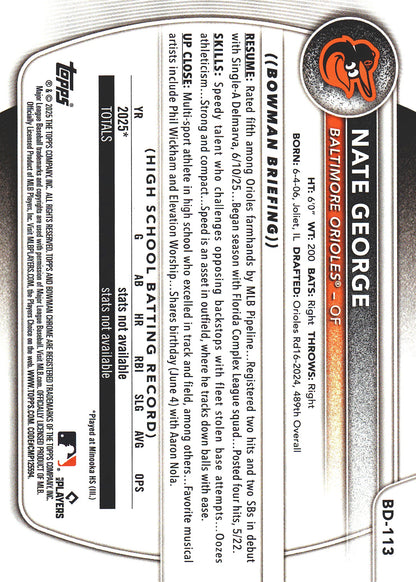 2025 Topps Bowman Draft Gold /50 Nate George #BD-113 Baltimore Orioles