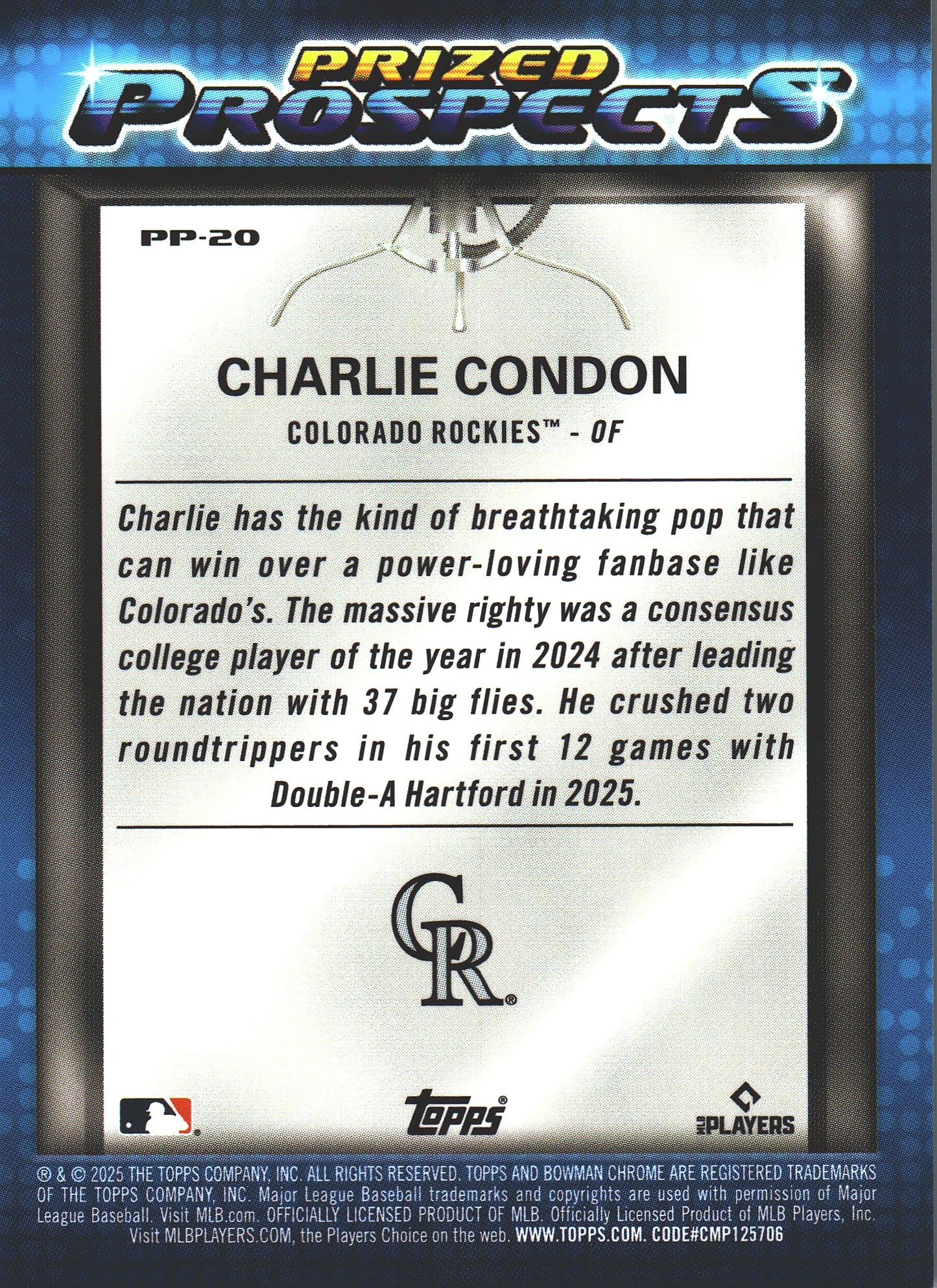 2025 Topps Bowman Prized Prospect Mini Diamond /150 Charlin Condon #PP-20 Colorado Rockies