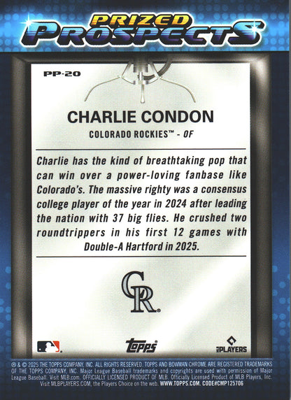 2025 Topps Bowman Prized Prospect Mini Diamond /150 Charlin Condon #PP-20 Colorado Rockies