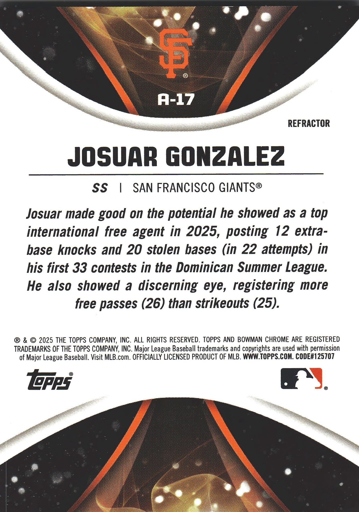 2025 Topps Bowman Draft Axis Refractor /250 Hosuar Gonzalez #A-17 San Francisco Giants