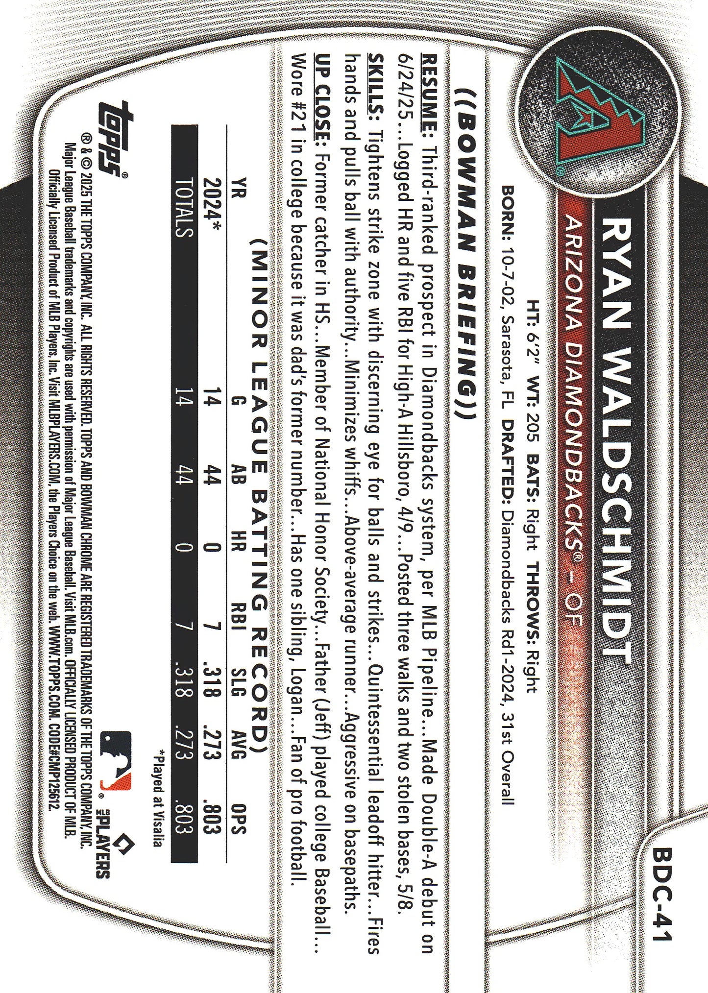 2025 Topps Bowman Draft Chrome Purple /250 Ryan Waldschmidt #BDC-41 Arizona Diamondbacks