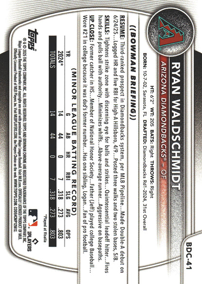 2025 Topps Bowman Draft Chrome Purple /250 Ryan Waldschmidt #BDC-41 Arizona Diamondbacks