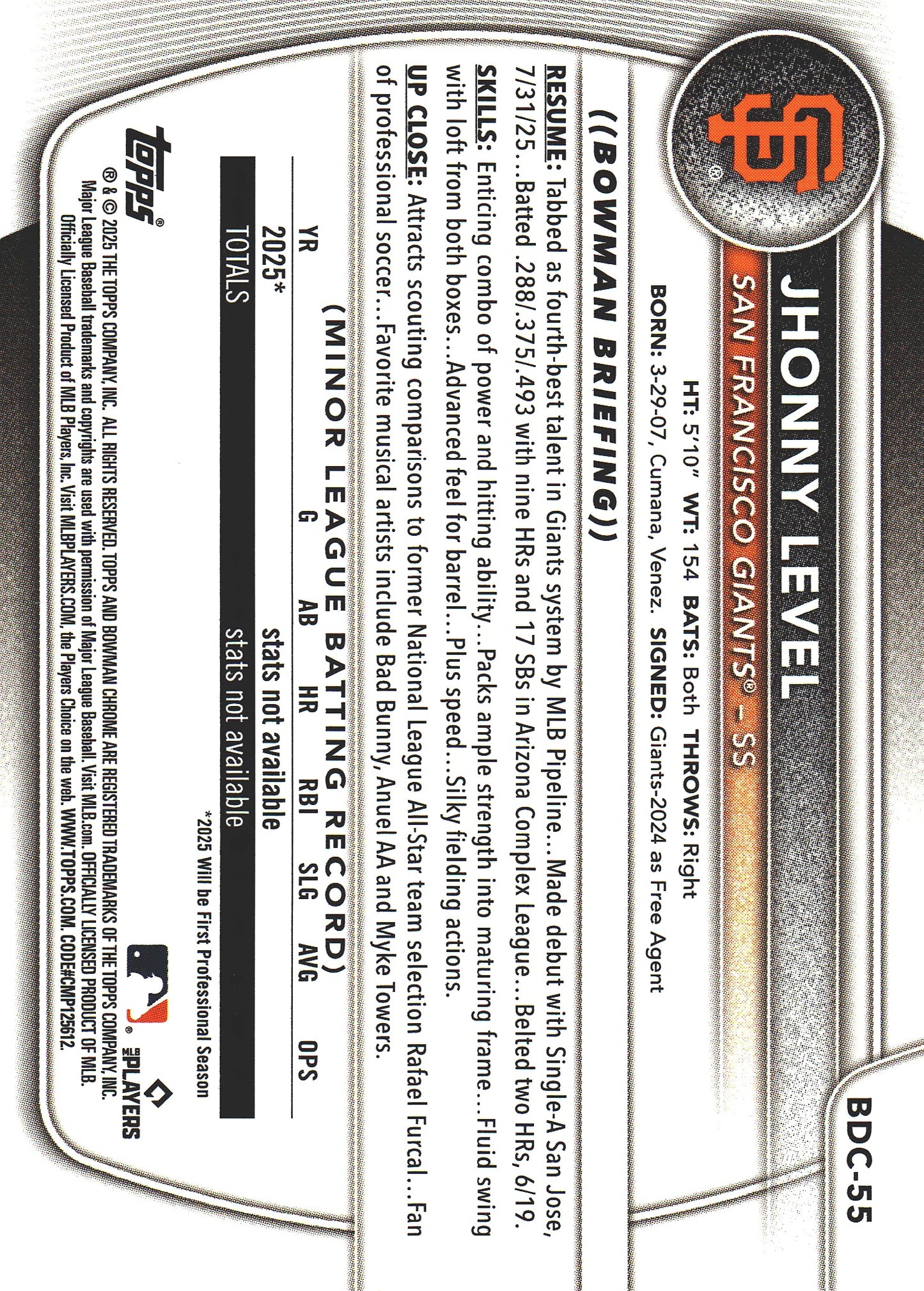 2025 Topps Bowman Draft Chrome Purple /250 Jhonny Level #BDC-55 San Francisco Giants
