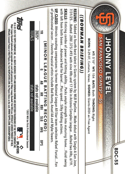 2025 Topps Bowman Draft Chrome Purple /250 Jhonny Level #BDC-55 San Francisco Giants