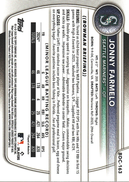 2025 Topps Bowman Draft Chrome Purple /250 Jonny Farmelo #BDC-163 Seattle Mariners