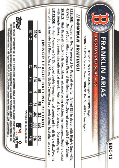 2025 Topps Bowman Draft Chrome Fuchsia Reptilian /199 Franklin Arias #BDC-13 Boston Red Sox