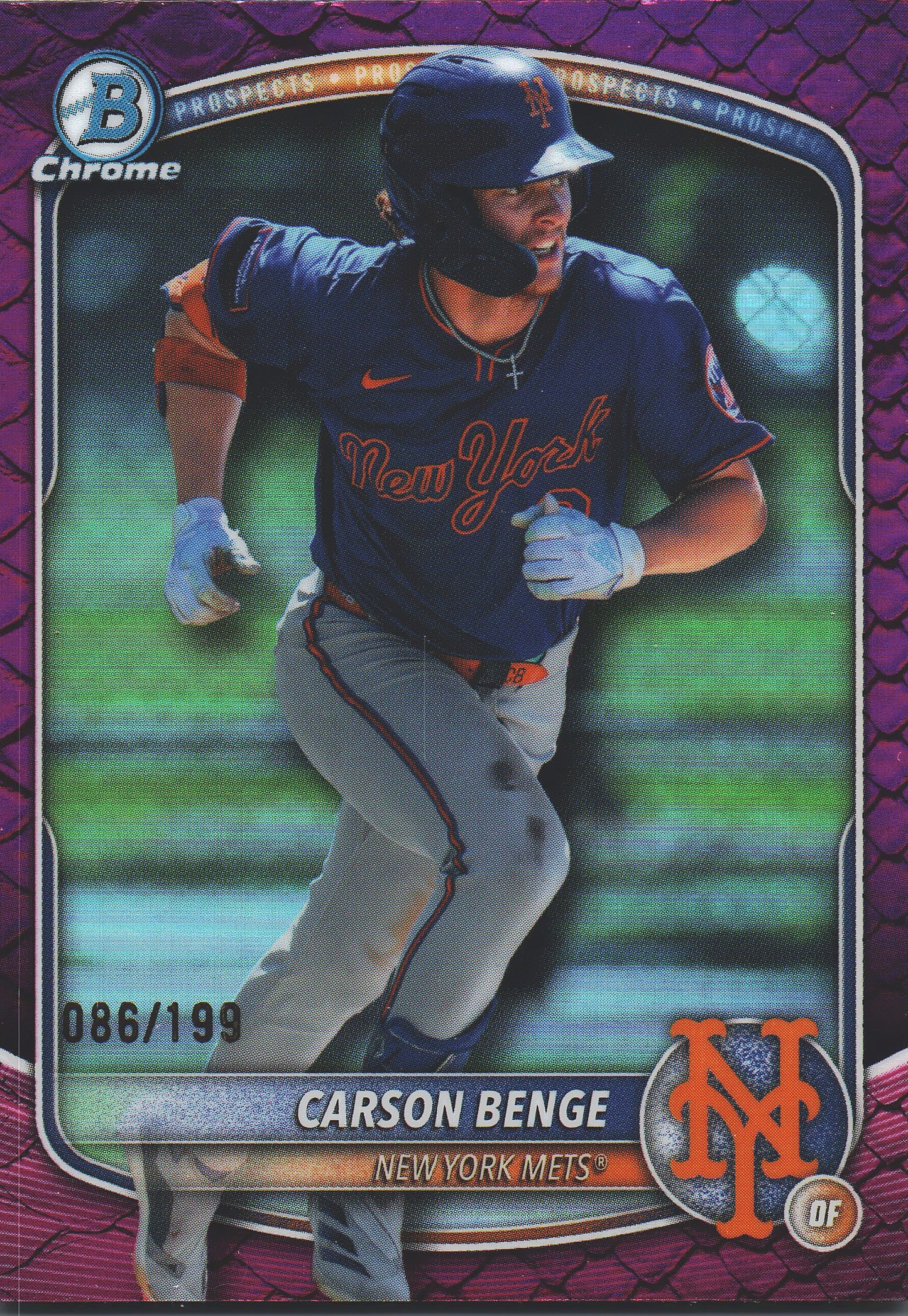 2025 Topps Bowman Draft Chrome Fuchsia Reptilian /199 Carson Benge #BDC-138 New York Mets