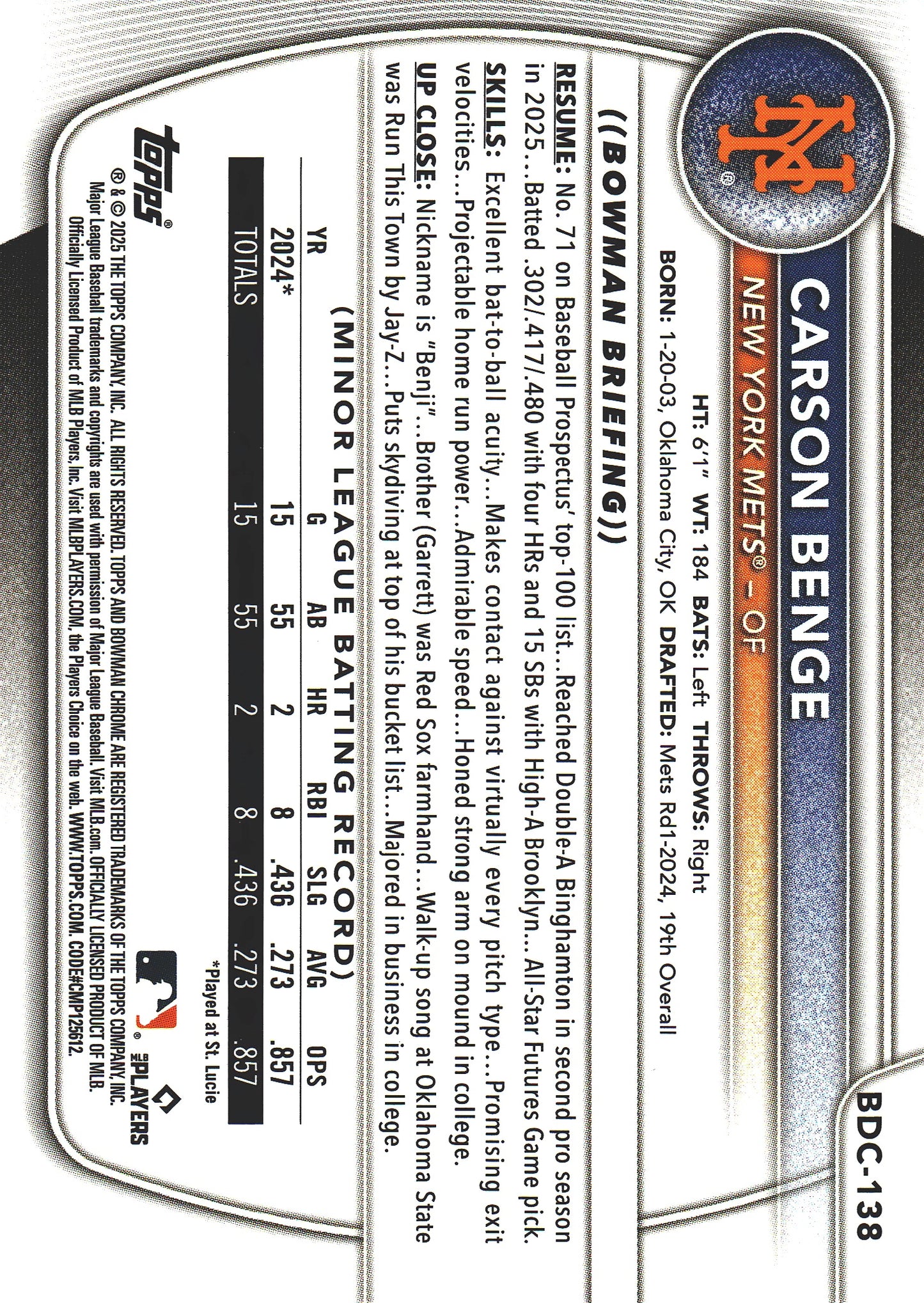 2025 Topps Bowman Draft Chrome Fuchsia Reptilian /199 Carson Benge #BDC-138 New York Mets