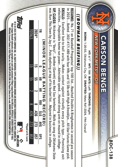 2025 Topps Bowman Draft Chrome Fuchsia Reptilian /199 Carson Benge #BDC-138 New York Mets