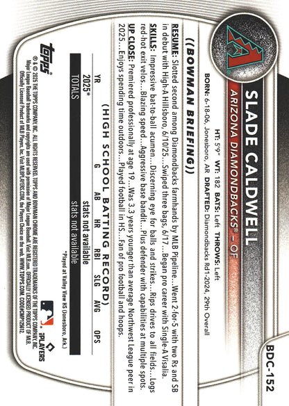 2025 Topps Bowman Draft Chrome Fuchsia Reptilian /199 Slade Caldwell #BDC-152 Arizona Diamondbacks