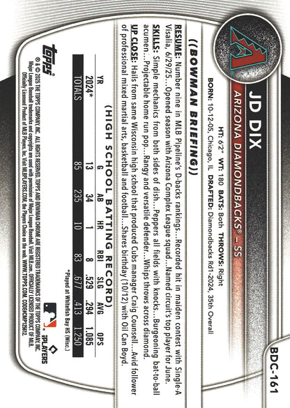 2025 Topps Bowman Draft Chrome Fuchsia Reptilian /199 JD Dix #BDC-161 Arizona Diamondbacks